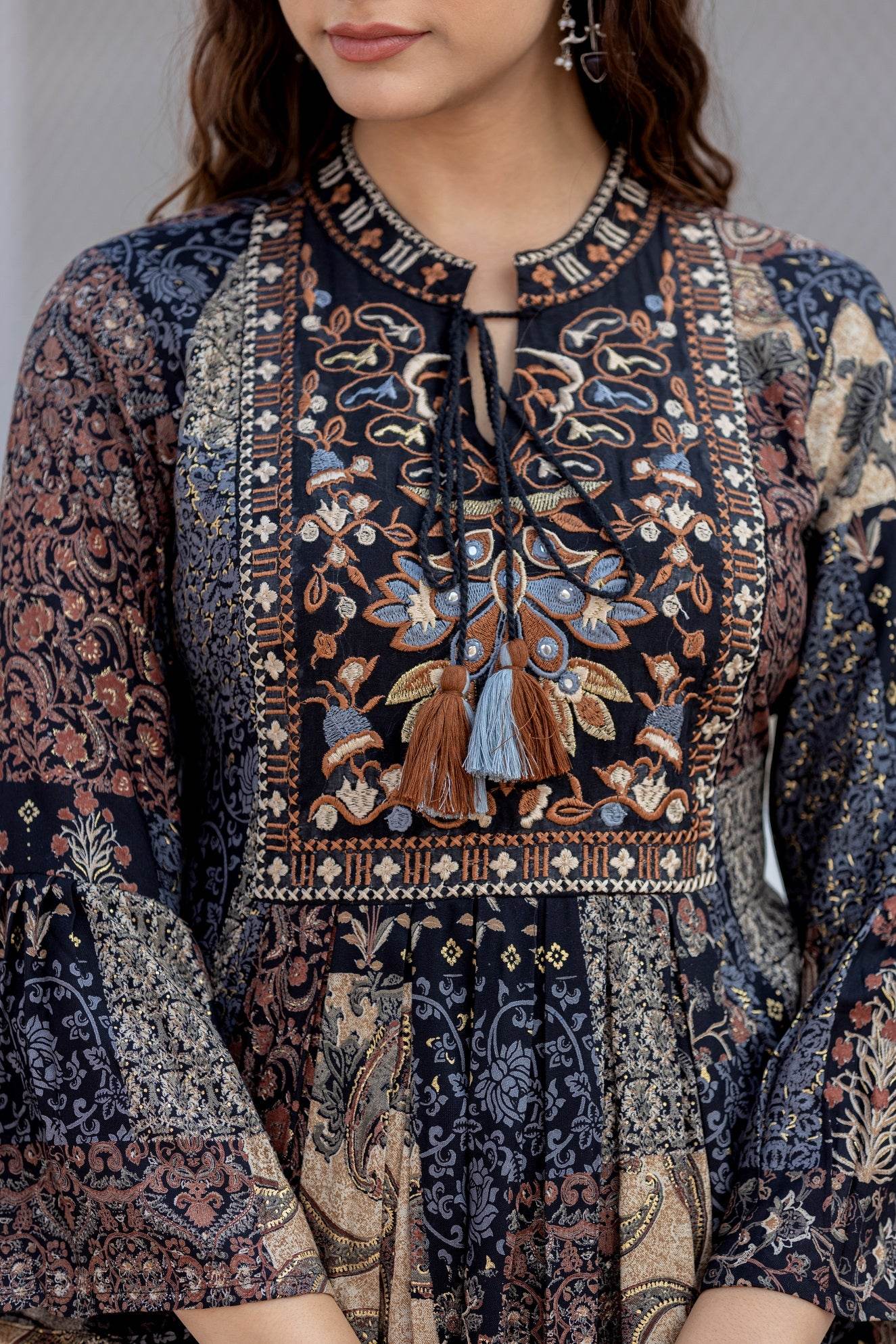 Black Pure Cotton Printed Embroidered Tunic - CandiRobes
