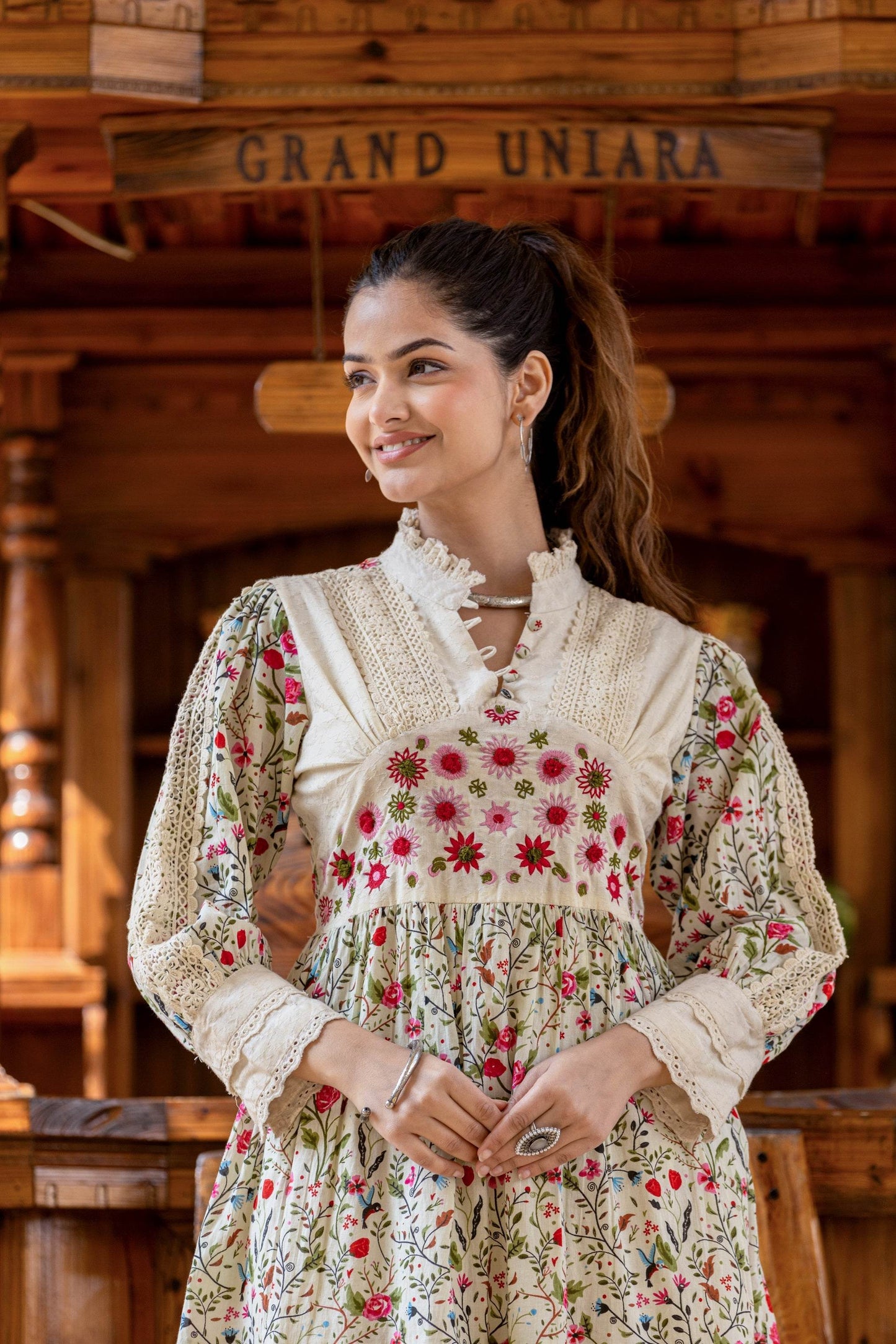 Cream Floral Printed Mal Mal Cotton Embroidered Tunic