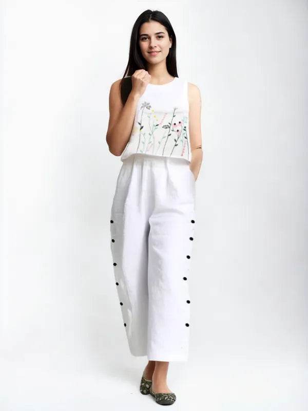 White Cotton Embroidered Top And Pant For Women - CandiRobes