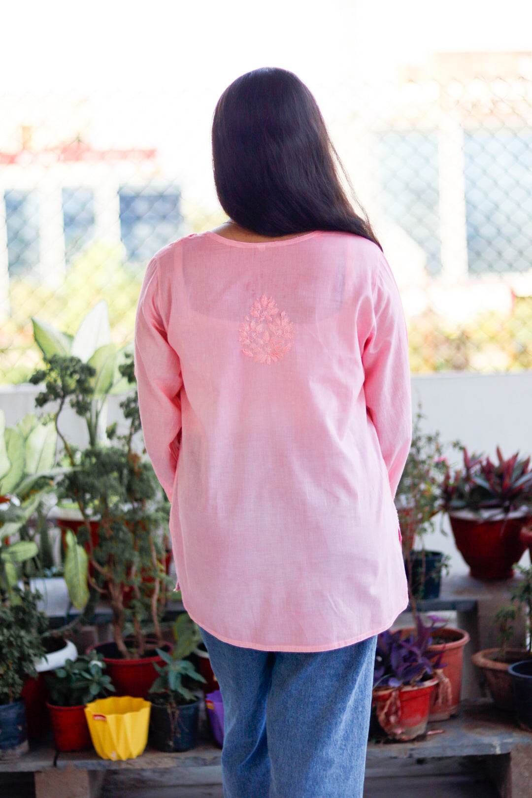 Peach Chikankari Pure Cotton Top For Women - CandiRobes