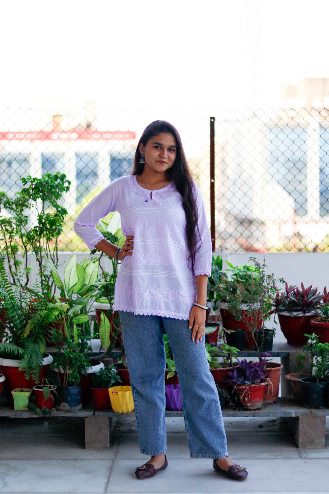 Lavender Chikankari Pure Cotton Top For Women - CandiRobes