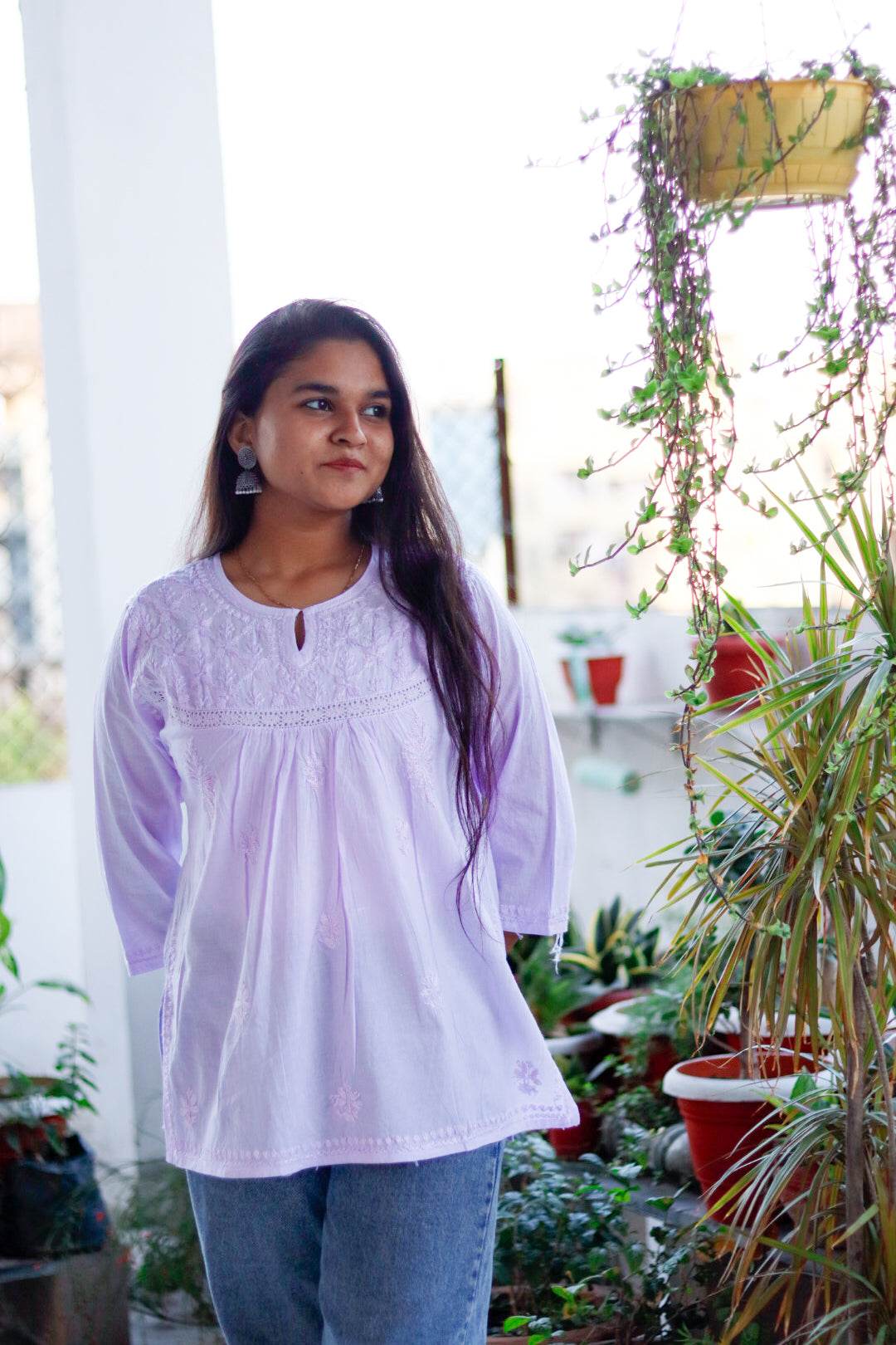 Lavender Chikankari Pure Cotton Top For Women - CandiRobes