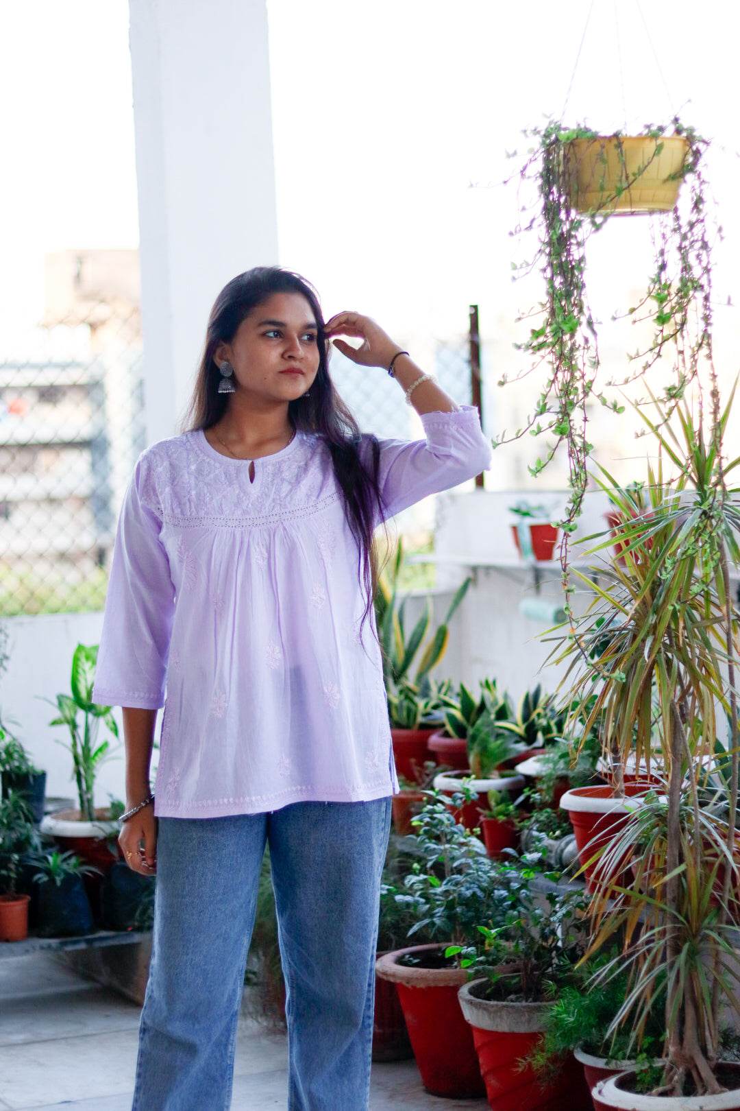 Lavender Chikankari Pure Cotton Top For Women - CandiRobes