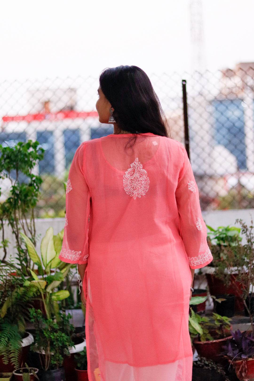 Peach Georgette Chikan Kari Kurti with Inner for Women - CandiRobes