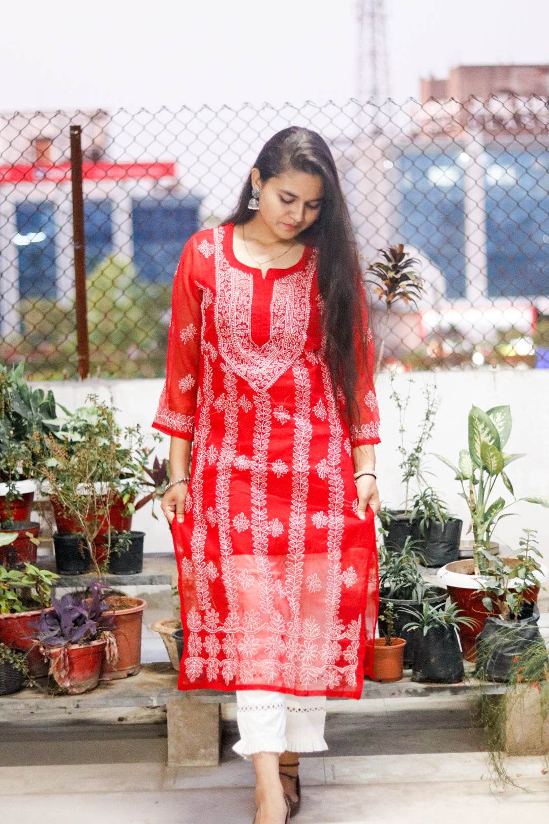 Red Georgette Chikan Kari Kurti with Inner for Women - CandiRobes