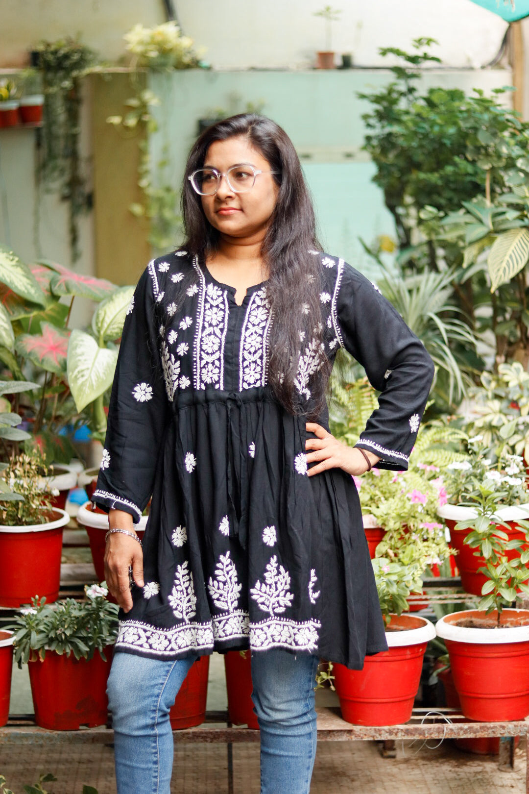 Black Rayon Beautiful Chikankari Short Kurti With Adjustable Belt For Women