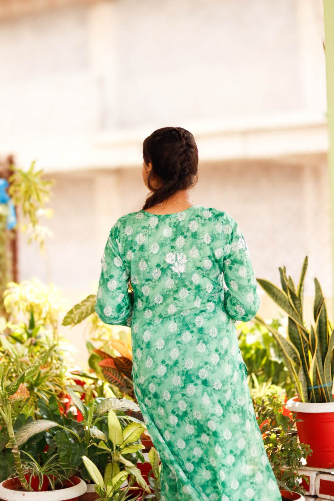 Green Printed Mal-Mal Cotton Chikankari Kurti With Pant - CandiRobes
