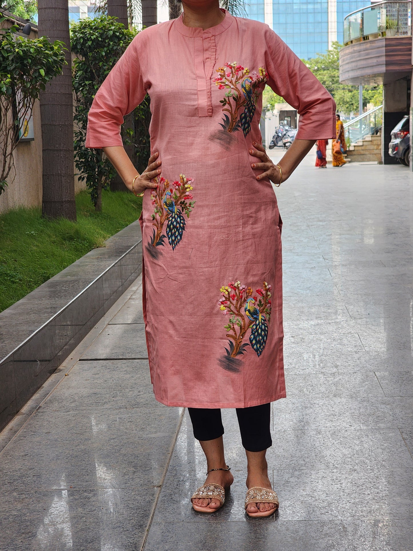 Organic Cotton Peach Hand-Painted Embroidery Kurti for Women