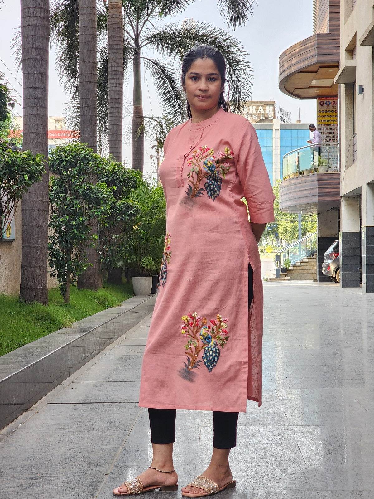 Organic Cotton Peach Hand-Painted Embroidery Kurti for Women - CandiRobes
