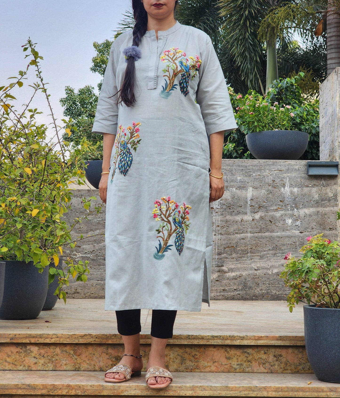 Organic Cotton Grey Hand-Painted Embroidery Kurti for Women - CandiRobes