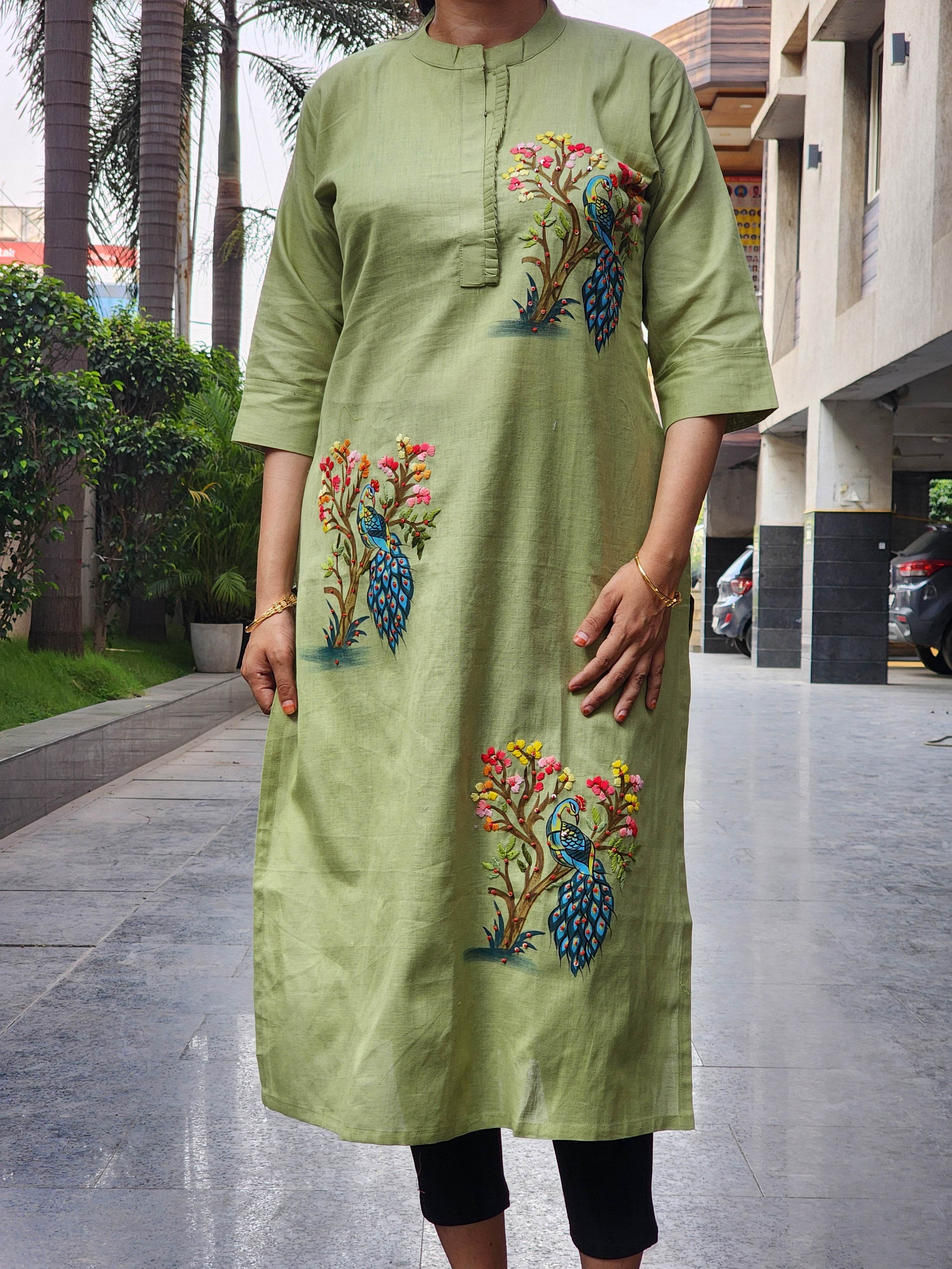 Organic Cotton Green Hand-Painted Embroidery Kurti for Women