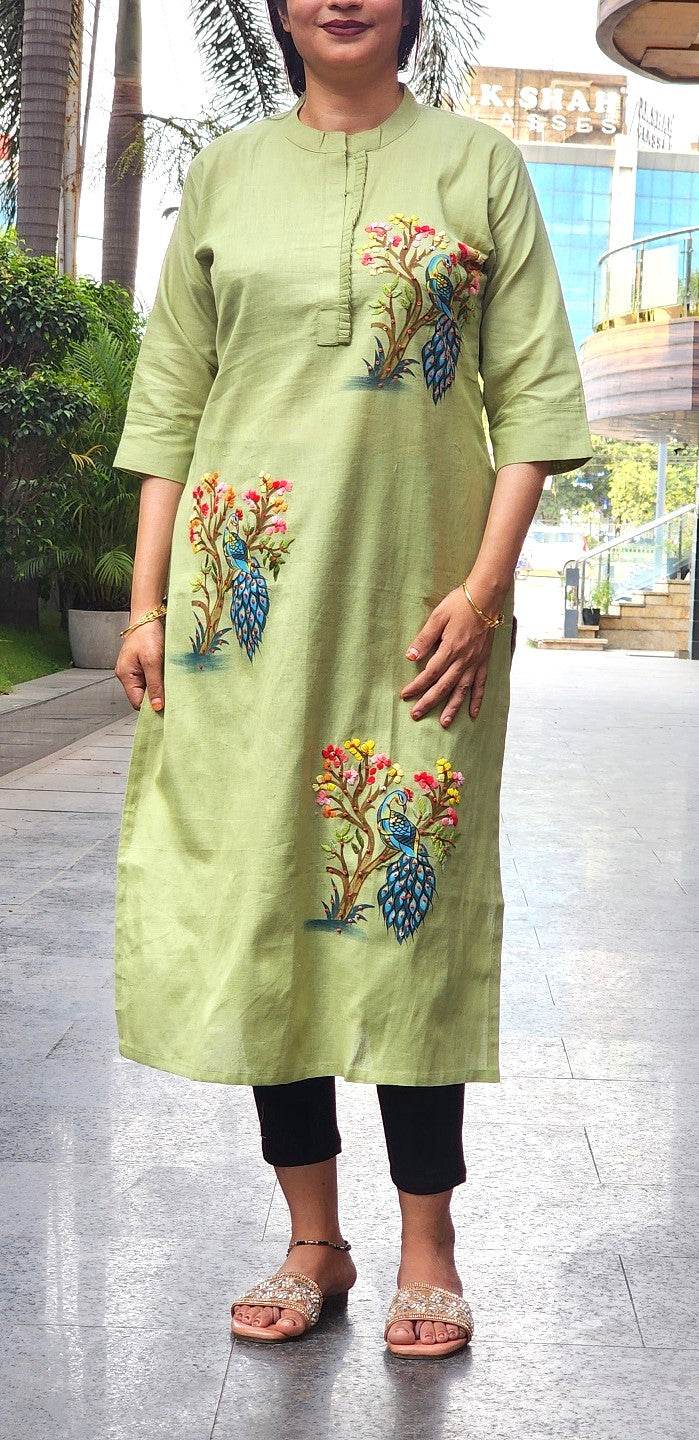 Organic Cotton Green Hand-Painted Embroidery Kurti for Women - CandiRobes