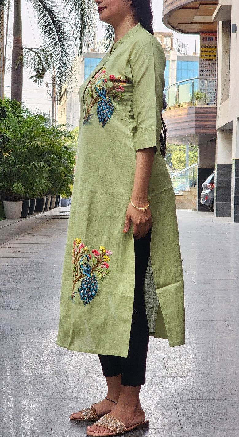 Organic Cotton Green Hand-Painted Embroidery Kurti for Women - CandiRobes