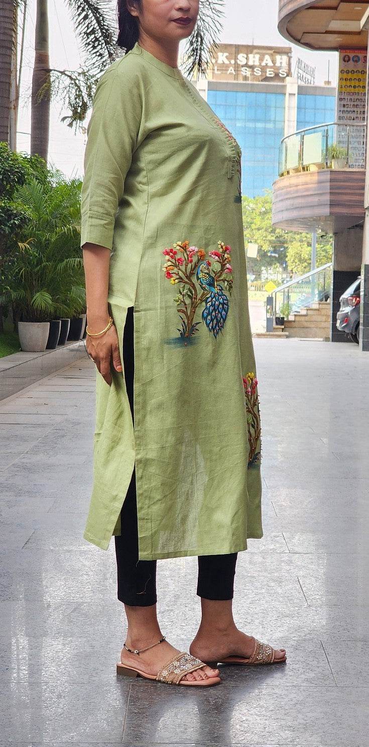 Organic Cotton Green Hand-Painted Embroidery Kurti for Women - CandiRobes