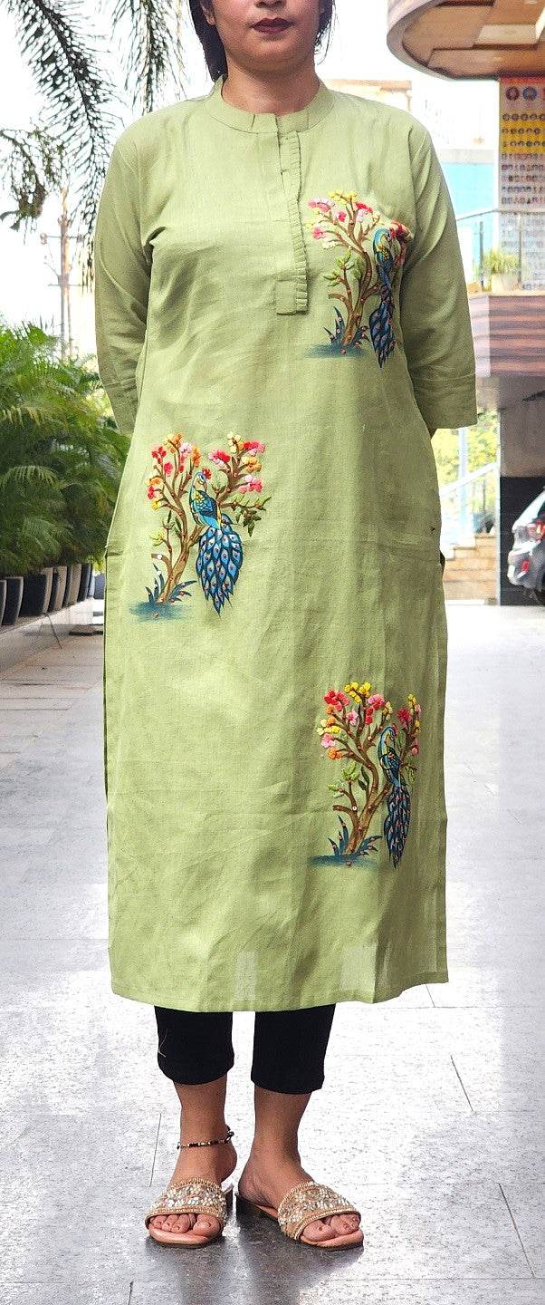 Organic Cotton Green Hand-Painted Embroidery Kurti for Women - CandiRobes