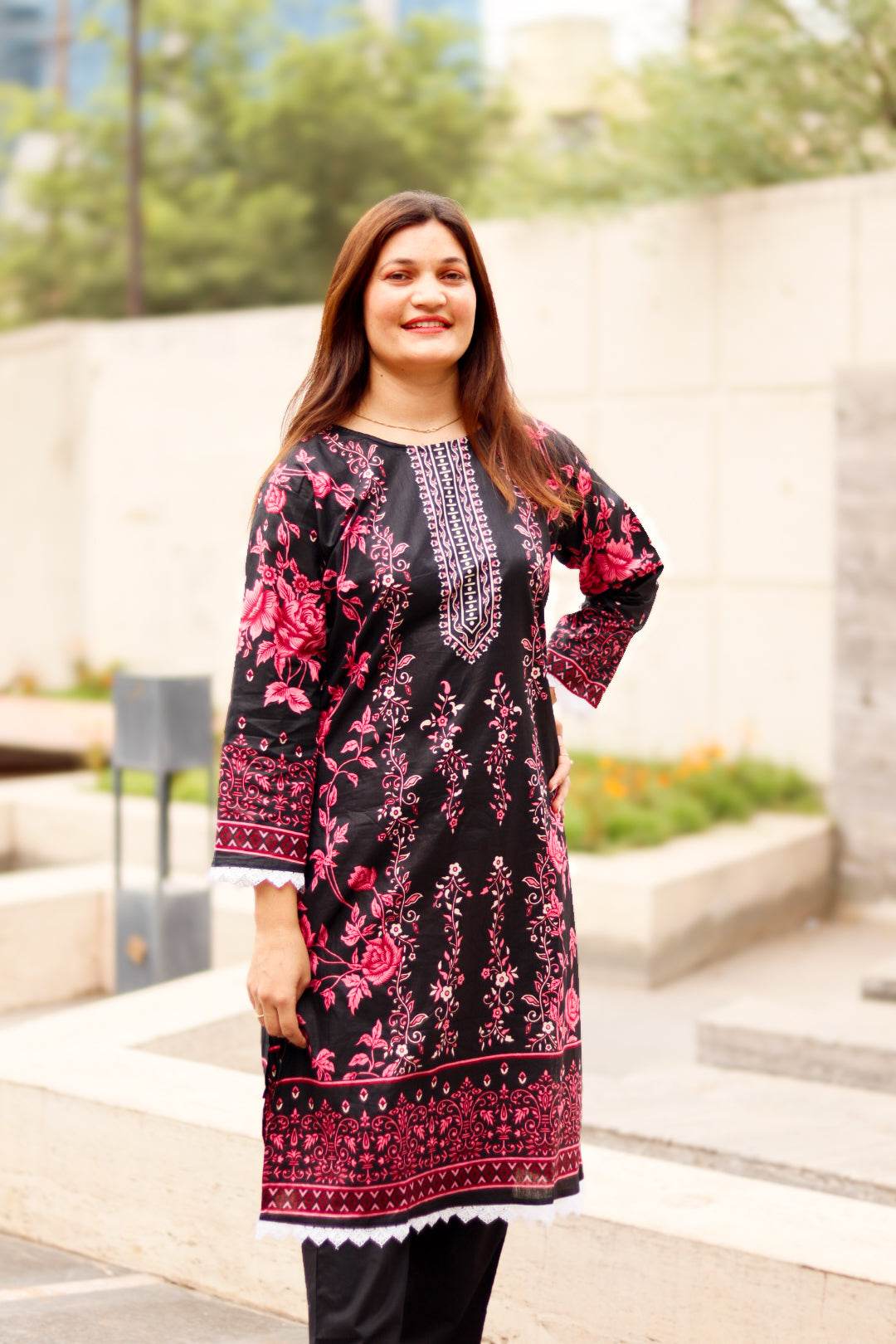 Gulab Noir Digital printed cotton kurta pant dupatta set - CandiRobes