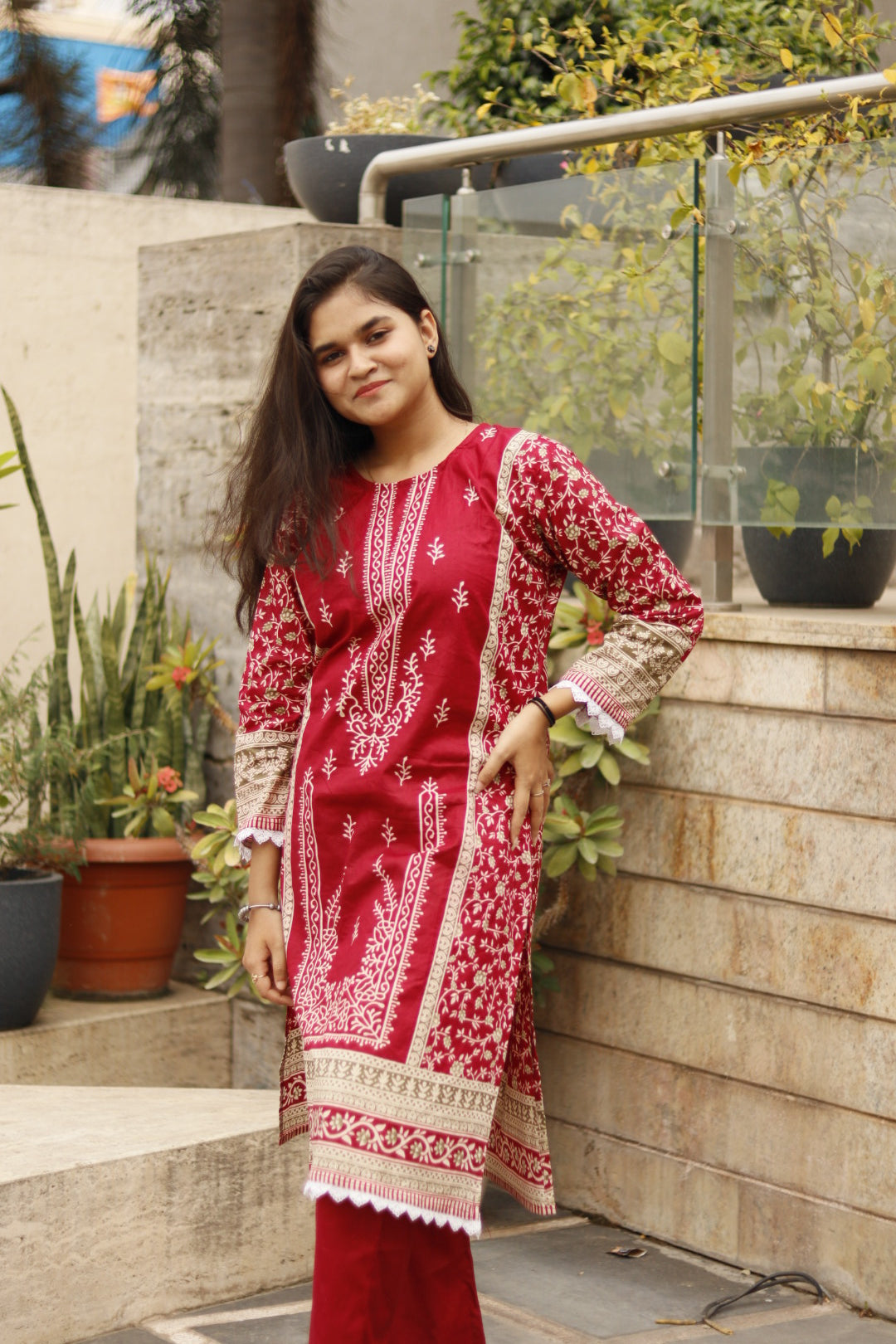 Red Digital Print Kurti Pant Dupatta Set