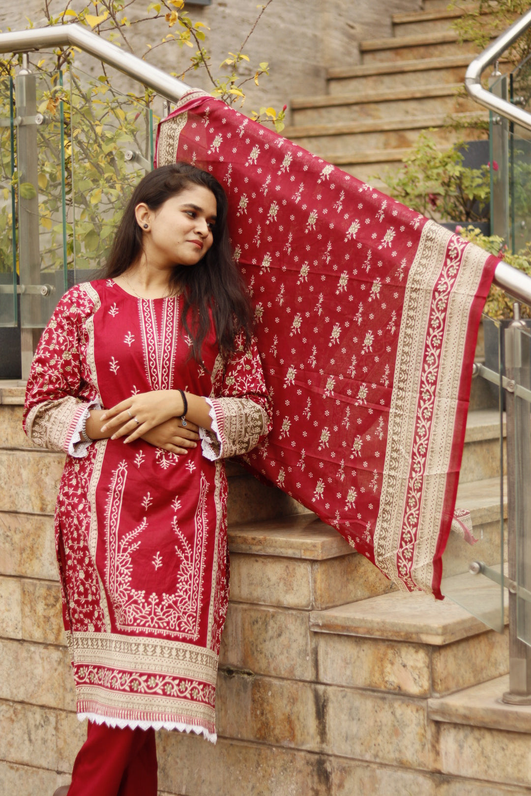 Red Digital Print Kurti Pant Dupatta Set