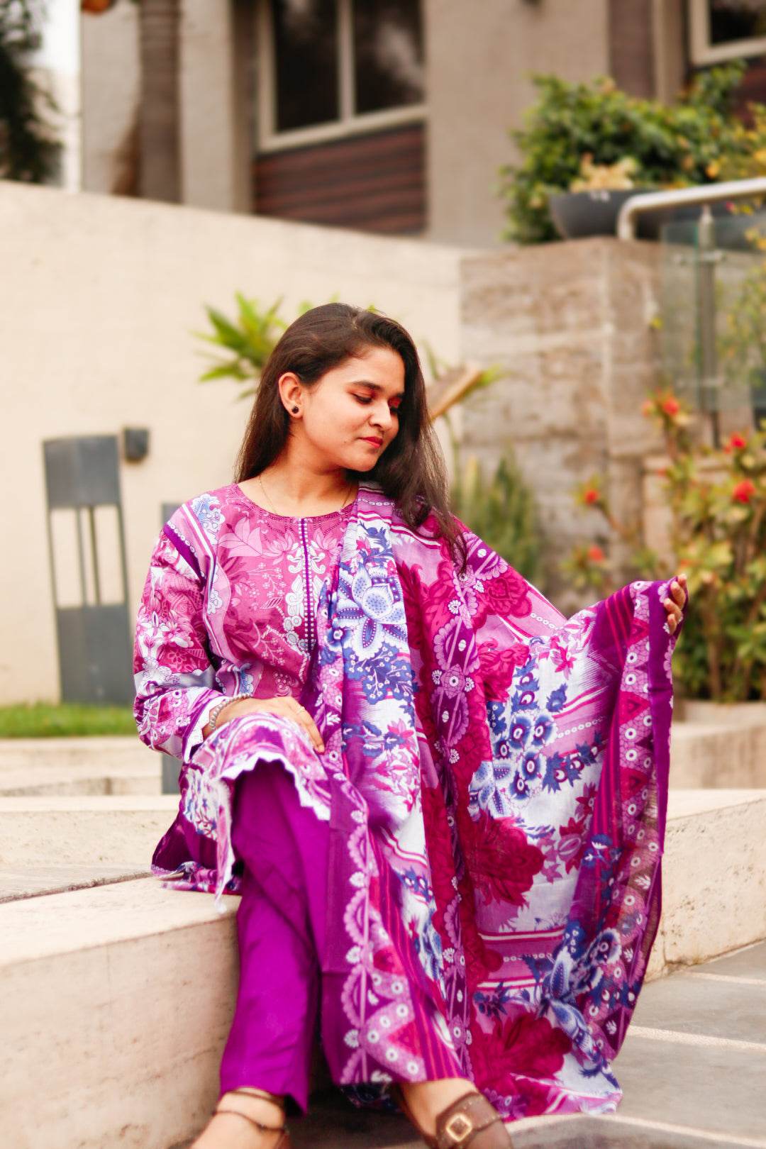 Purple Petals Digital printed cotton kurta pant dupatta set - CandiRobes