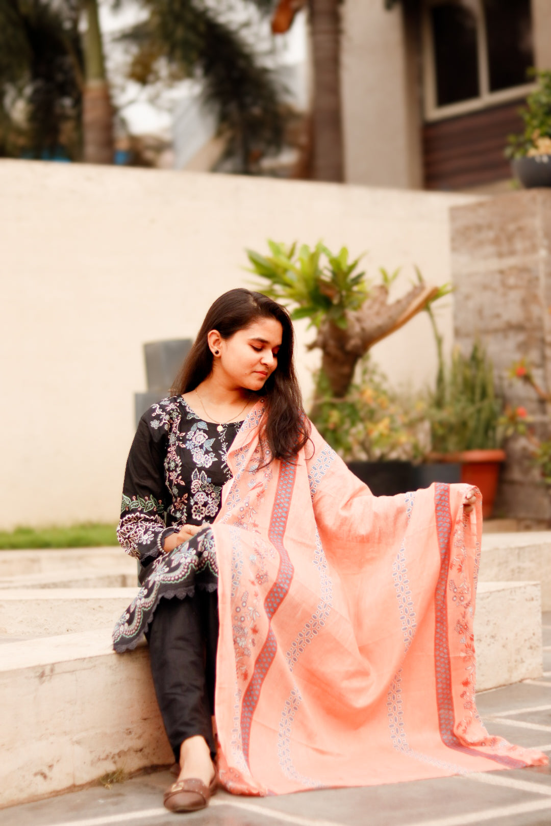 Black Orange Digital Printed Cotton Kurti Pant Dupatta set
