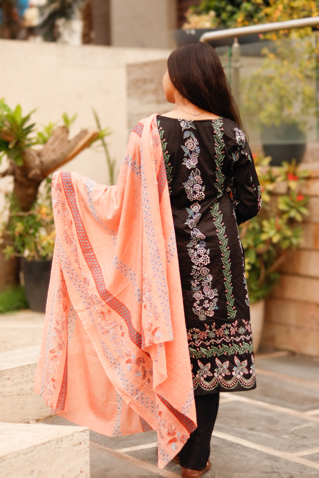 Black Orange Digital Printed Cotton Kurti Pant Dupatta set