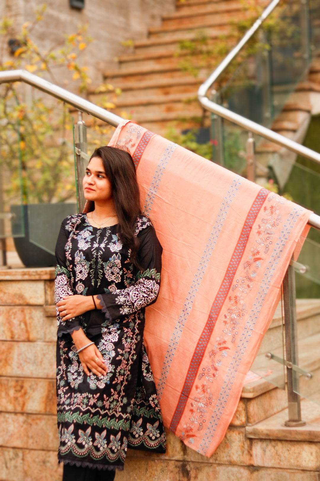 Black Orange Digital Printed Cotton Kurti Pant Dupatta set - CandiRobes
