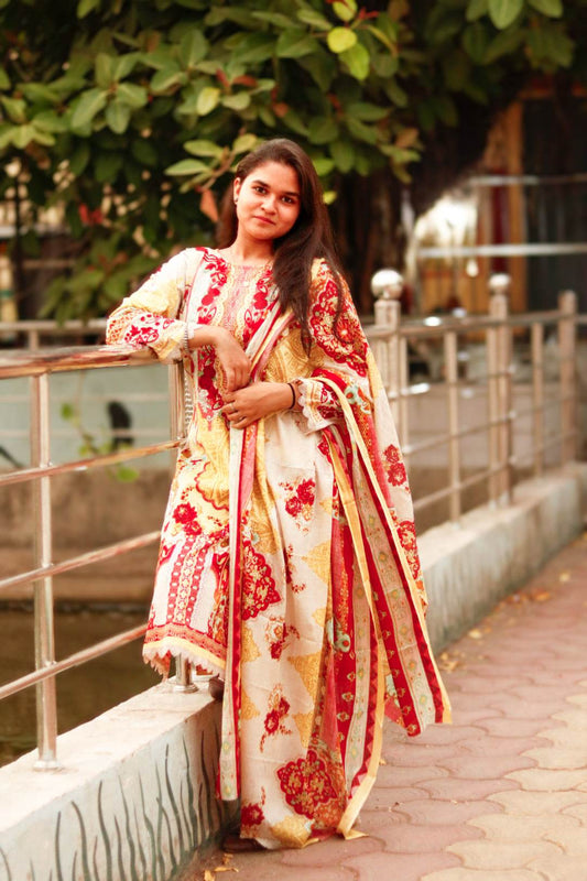 Kesar Gulab Digital printed cotton kurta pant dupatta set - CandiRobes
