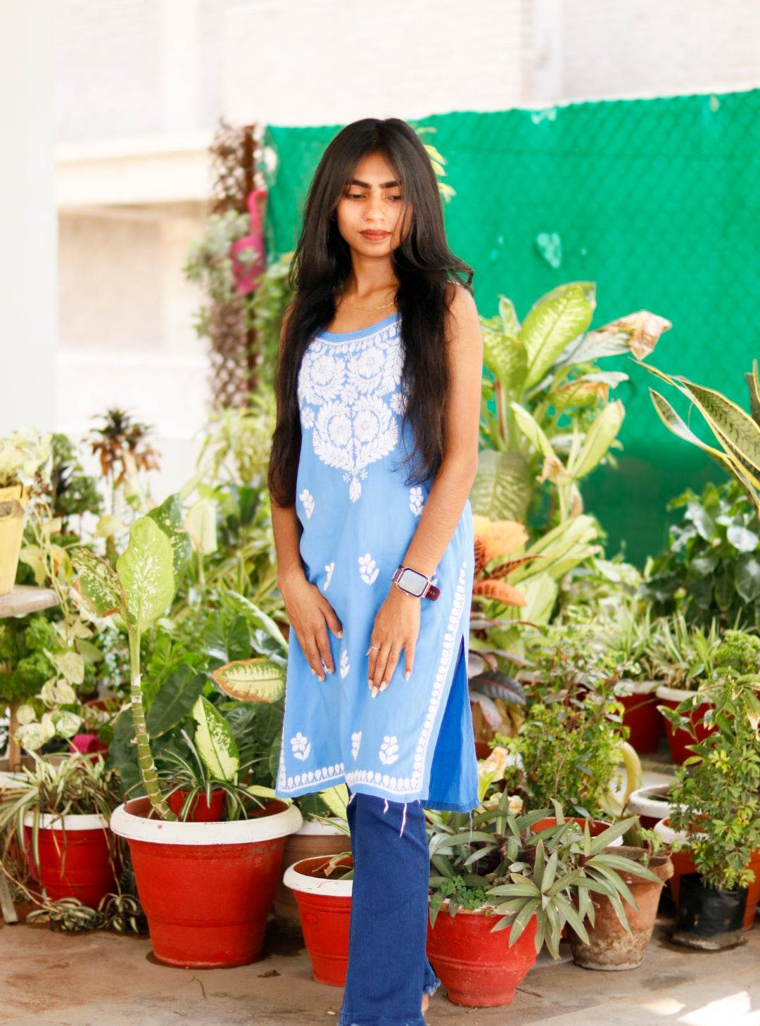 SKY BLUE Sleeveless Chikankari Rayon Shot Top Style Kurti - CandiRobes