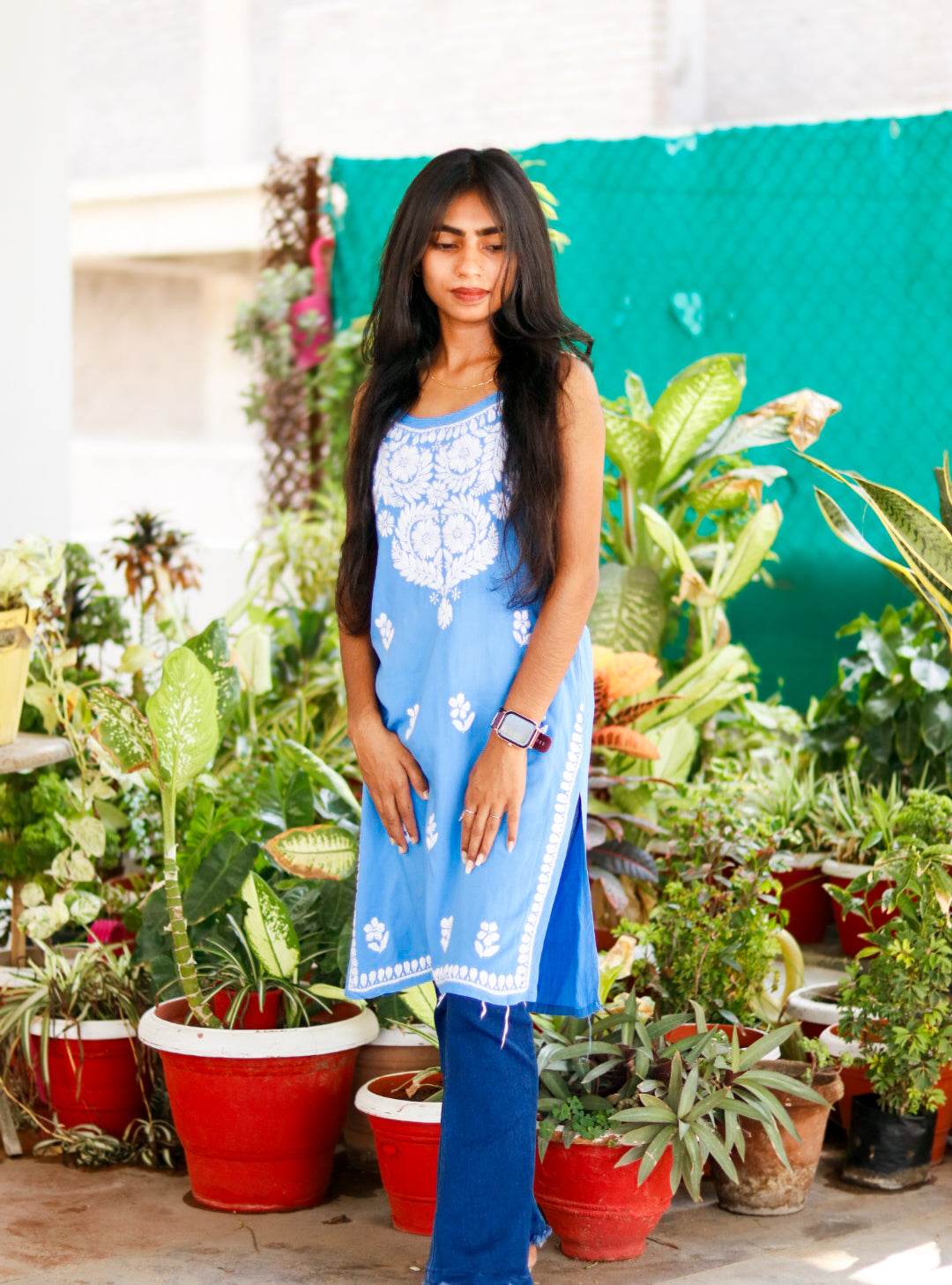 SKY BLUE Sleeveless Chikankari Rayon Shot Top Style Kurti - CandiRobes