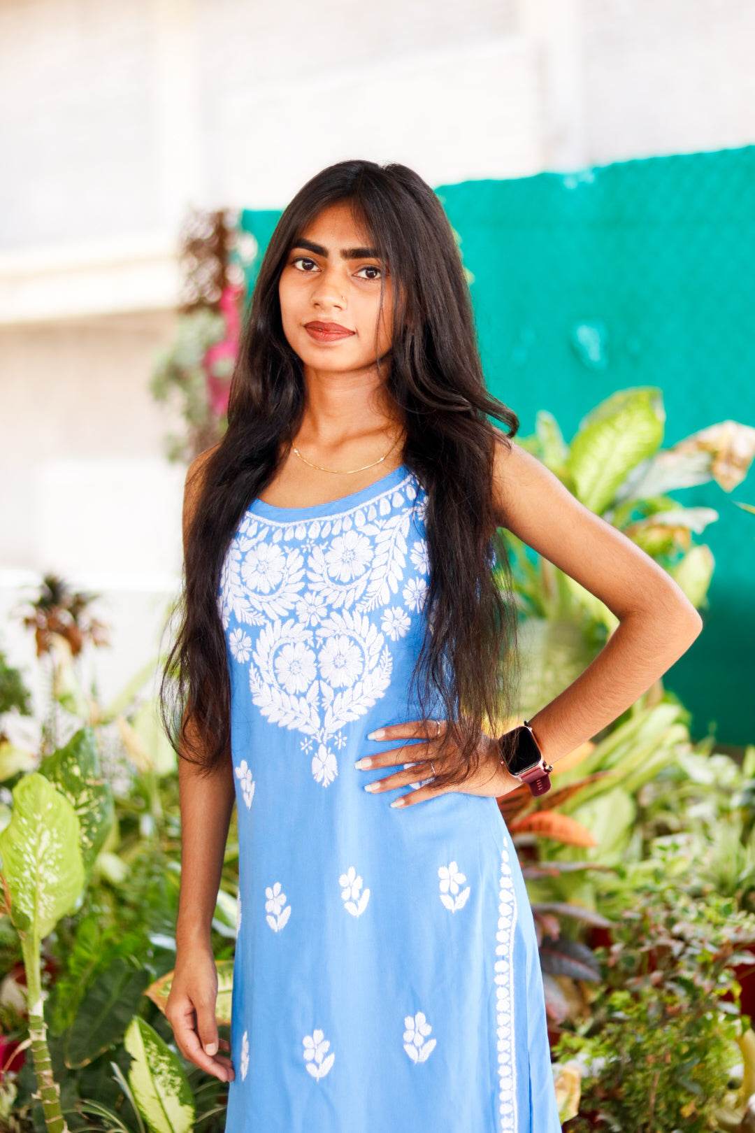 SKY BLUE Sleeveless Chikankari Rayon Shot Top Style Kurti - CandiRobes