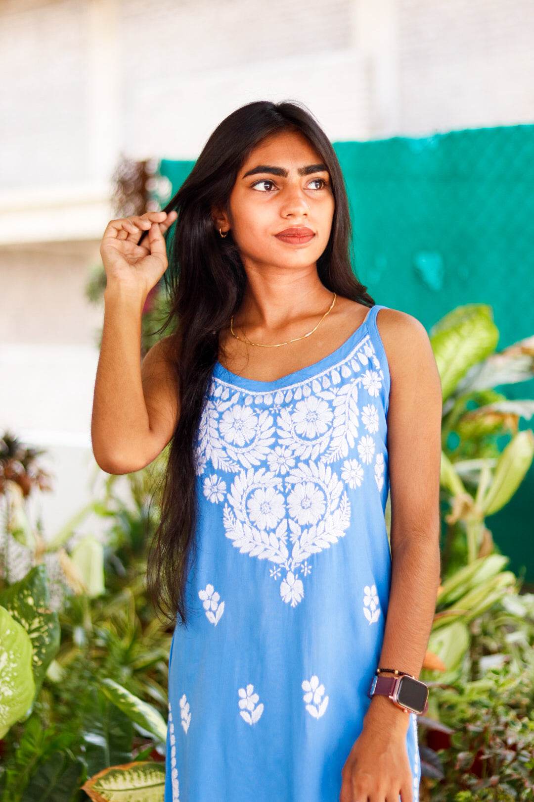 SKY BLUE Sleeveless Chikankari Rayon Shot Top Style Kurti - CandiRobes