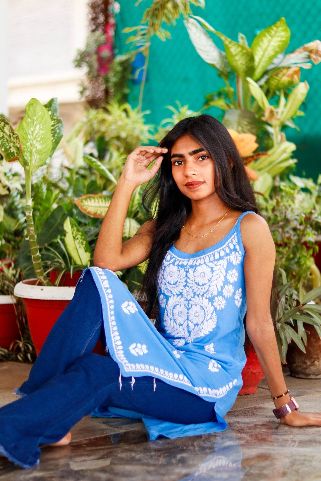 SKY BLUE Sleeveless Chikankari Rayon Shot Top Style Kurti - CandiRobes