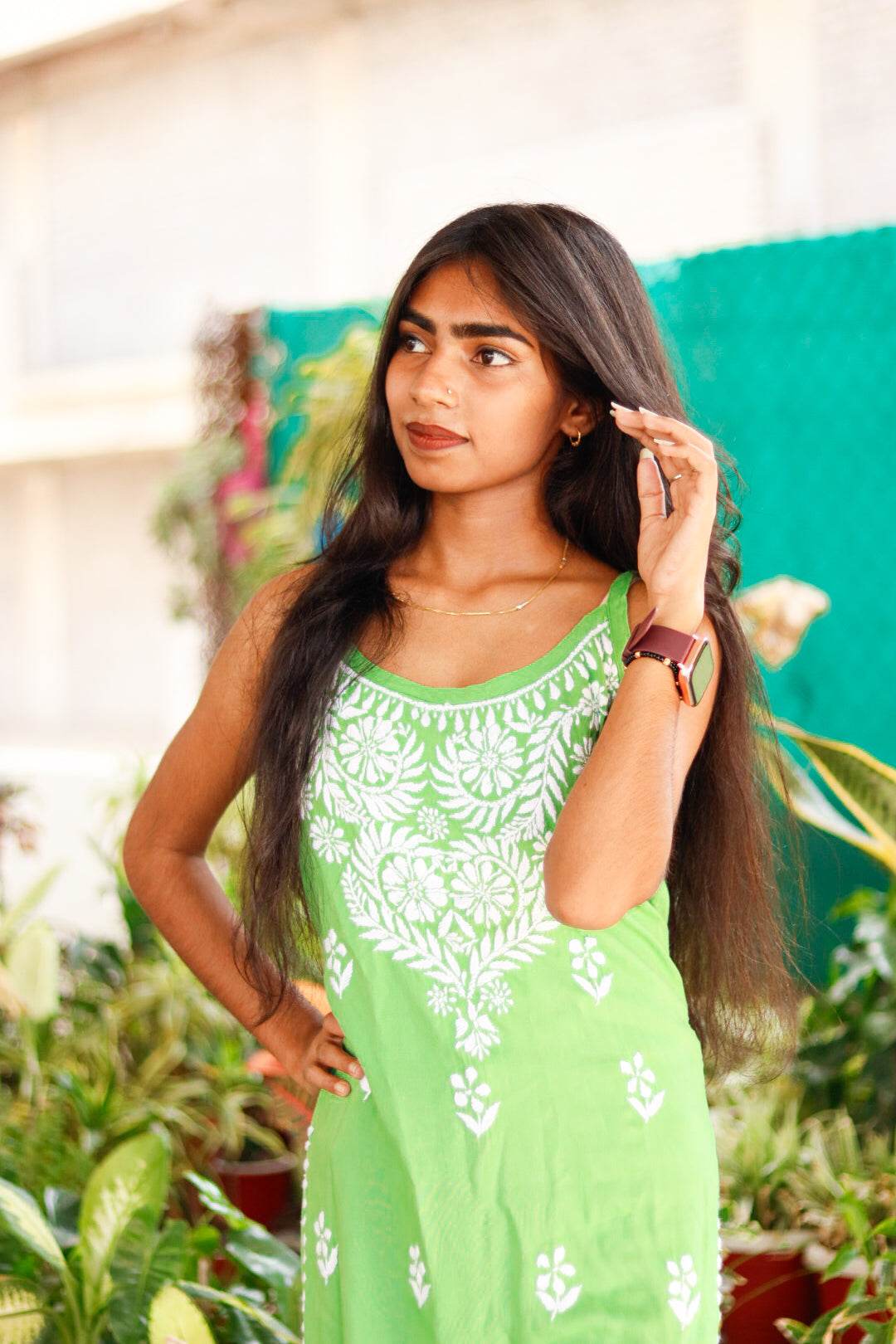 Sea Green Sleeveless Chikankari Rayon Shot Top Style - CandiRobes