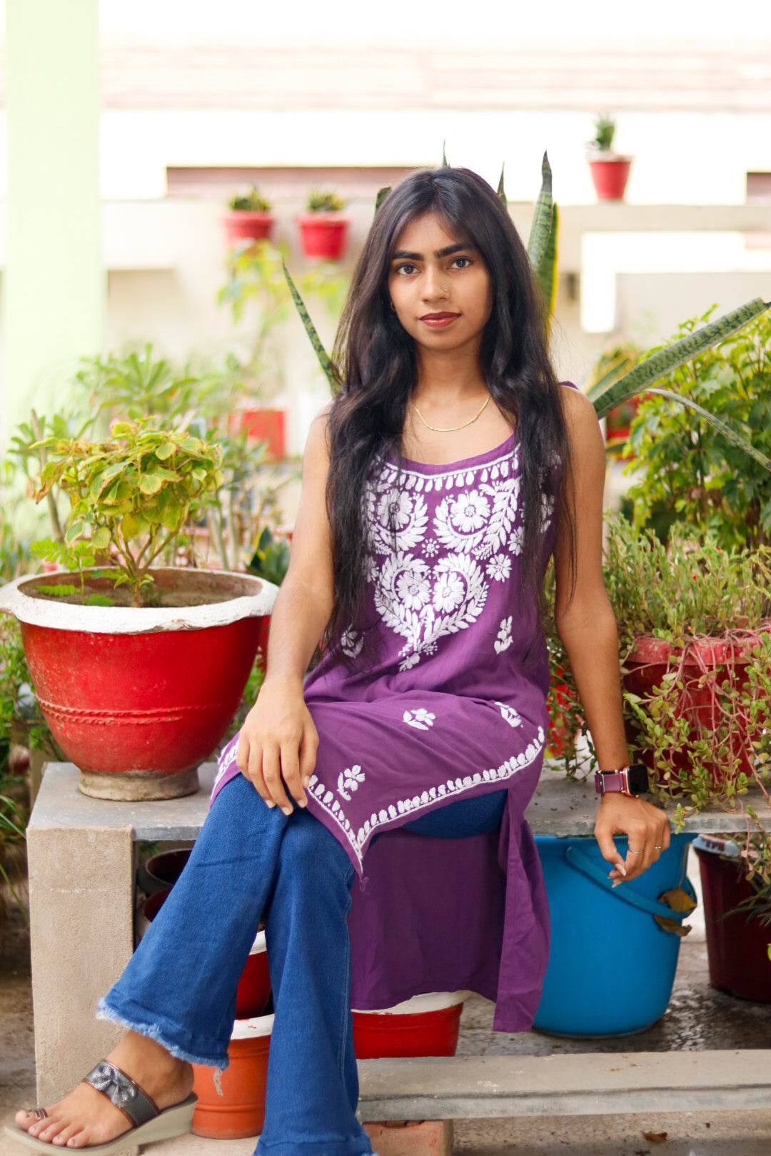 VILOET Sleeveless Chikankari Rayon Shot Top Style Kurti - CandiRobes