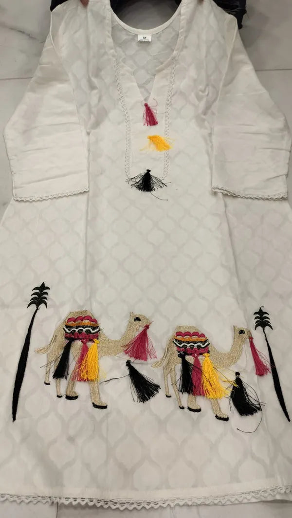 White Cotton Camel Design Embroidered Co-Ord Set