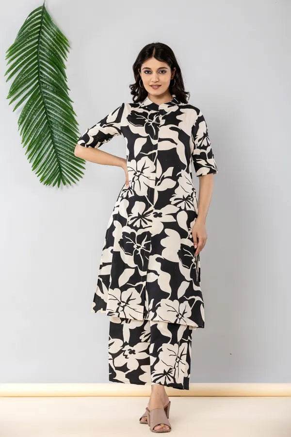 Black and white flex khadi cotton kurti pant set for women cotton - CandiRobes