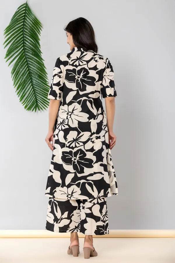 Black and white flex khadi cotton kurti pant set for women cotton - CandiRobes