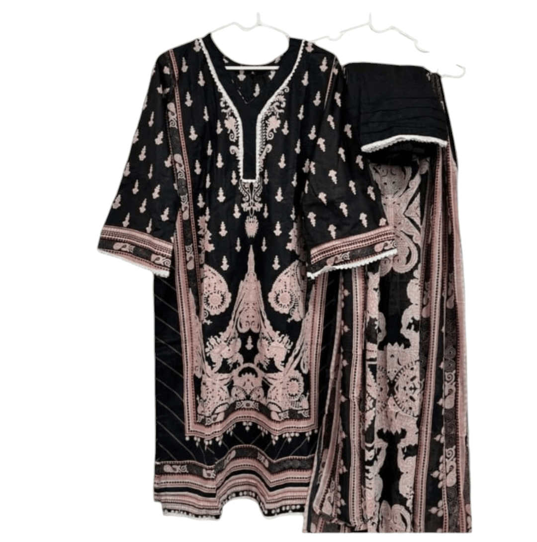 Zoya Noir Black Digital printed cotton kurta pant dupatta set - CandiRobes