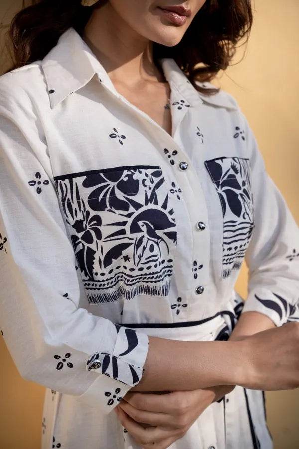 White And Black Khadi Cotton Hand Printed Tunic For Women - CandiRobes