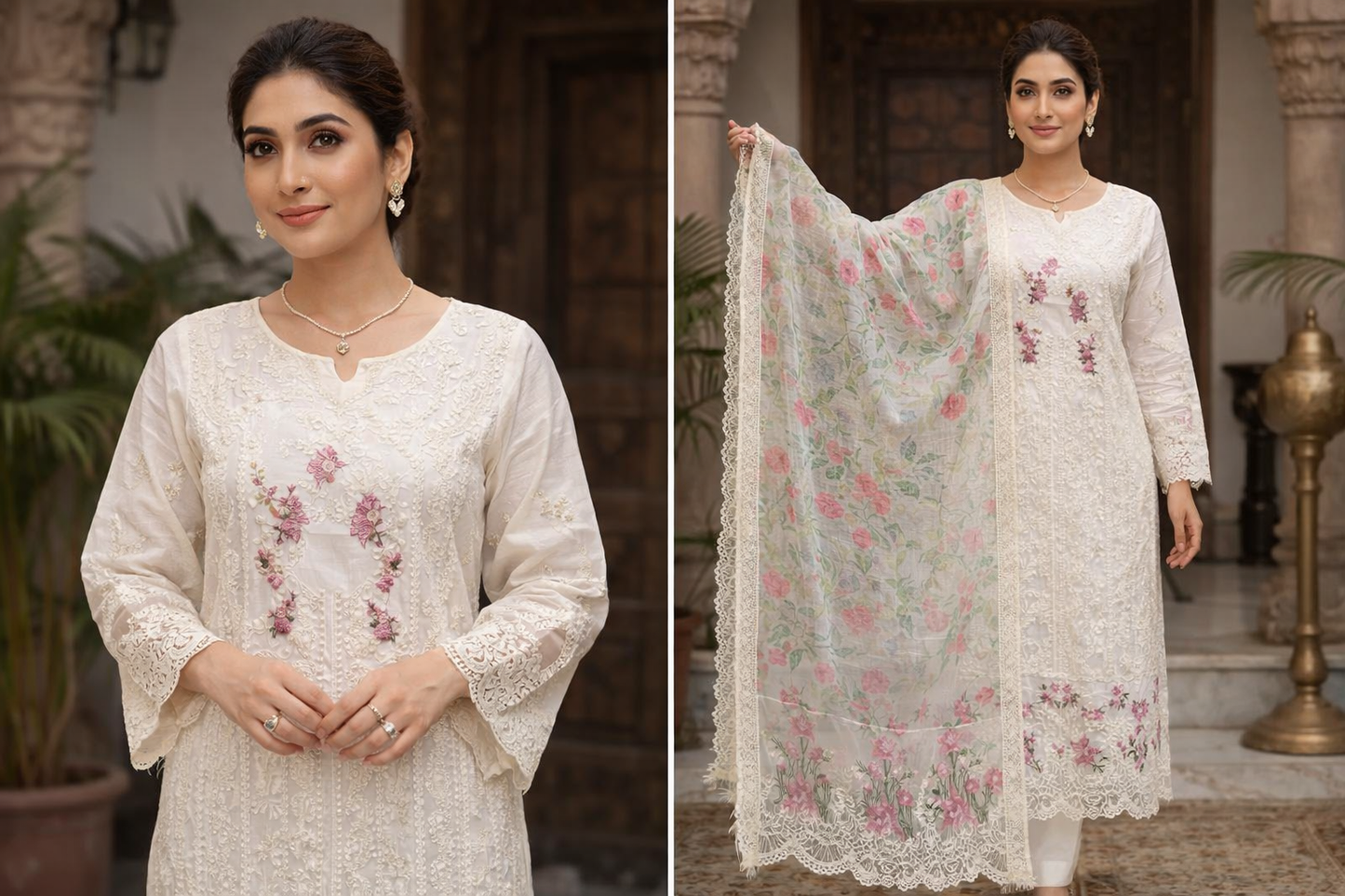 White Chikankari Kurti with Habuta Print Kota Doria Dupatta Unstitched Set