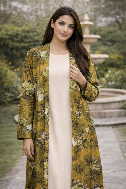 Maxi Gown with Mustard Floral Long Shrug