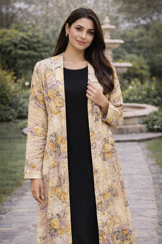 Maxi Gown with Beige Floral Long Shrug