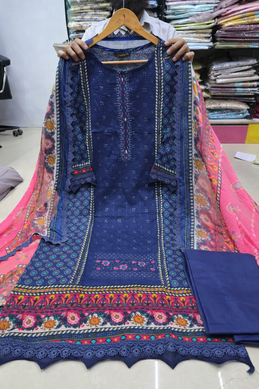 Navy Blue Cotton Kurti Pant Dupatta