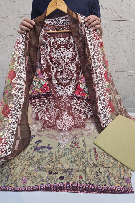 Maroon Cotton Embroidered Kurti Pant Dupatta Set