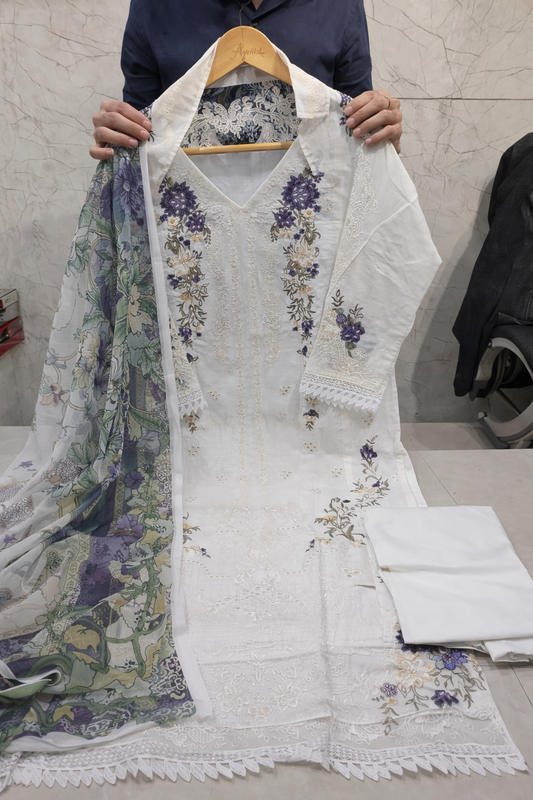 White Cotton Embroidered Kurti Pant Dupatta Set