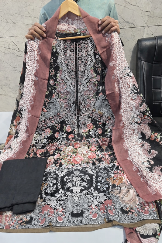 Black Cotton Embroidered Kurti Pant Dupatta Set