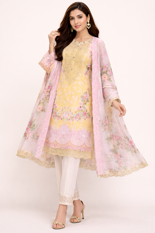 Pastel Yellow Floral Pakistani Suit with Dupatta
