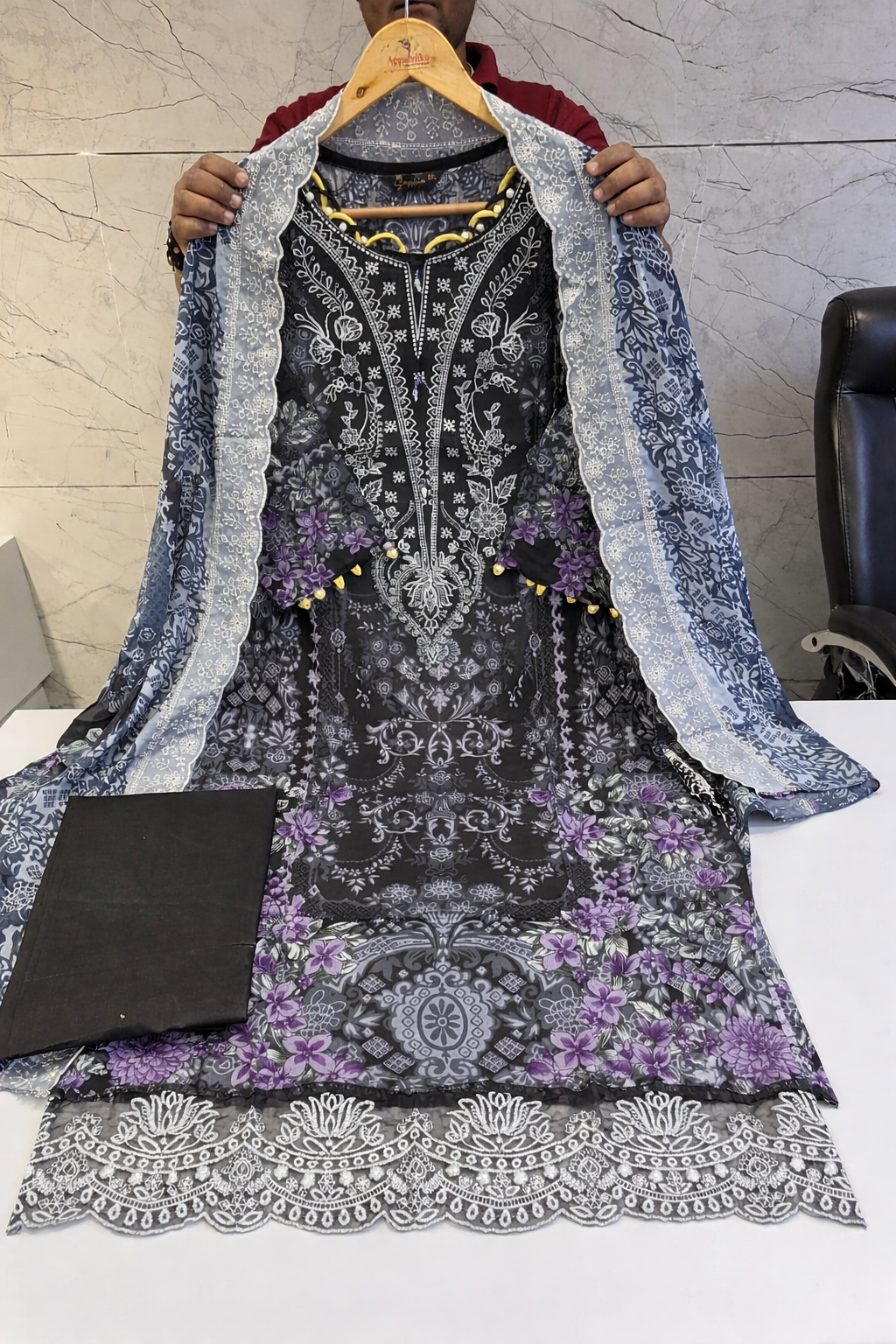 CAndi Black& Purple Pakistani Lawn Suit with Printed Dupatta