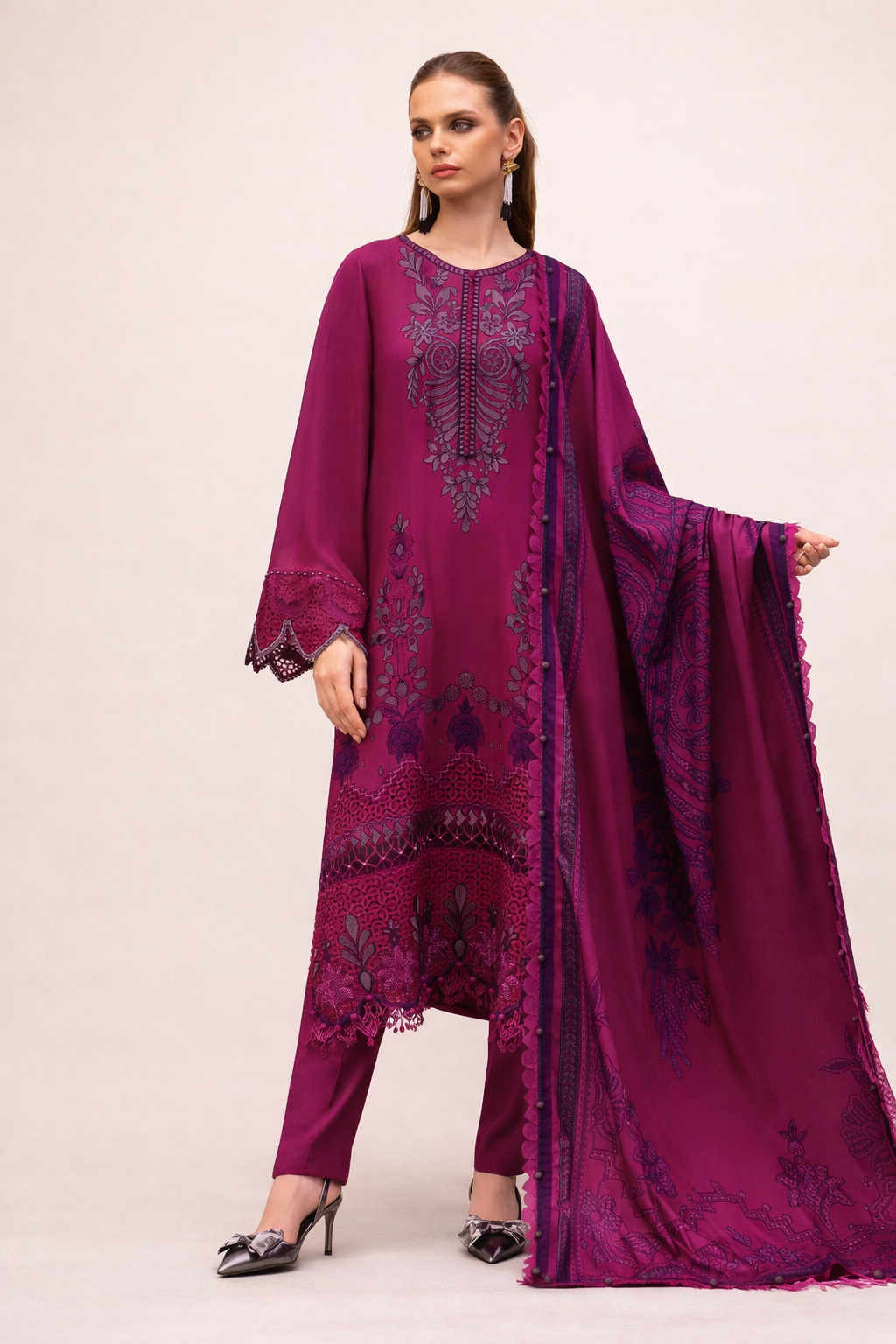 Unstitched Magenta Rayon Cotton Embroidered Kurta Set