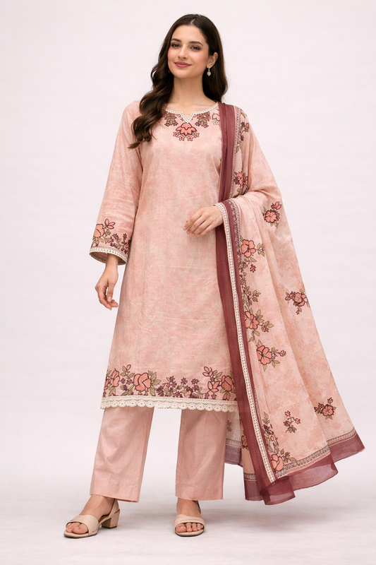 Peach-cotton-printed lawn-kurta-set
